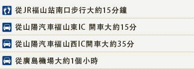 從JR福山站南口步行大約15分鐘　從山陽汽車福山東IC 開車大約15分　從山陽汽車福山西IC開車大約35分　從廣島機場大約1個小時