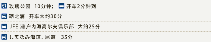 玫瑰公园 10分钟；开车2分钟到；鞆之浦 开车大约30分；JFE 濑户内海高尔夫俱乐部 大约25分；しまなみ海道、尾道 35分