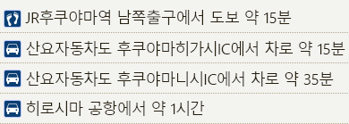 JR후쿠야마역 남쪽출구에서 도보 약 15분　산요자동차도 후쿠야마히가시IC에서 차로 약 15분　산요자동차도 후쿠야마니시IC에서 차로 약 35분　히로시마 공항에서 약 1시간